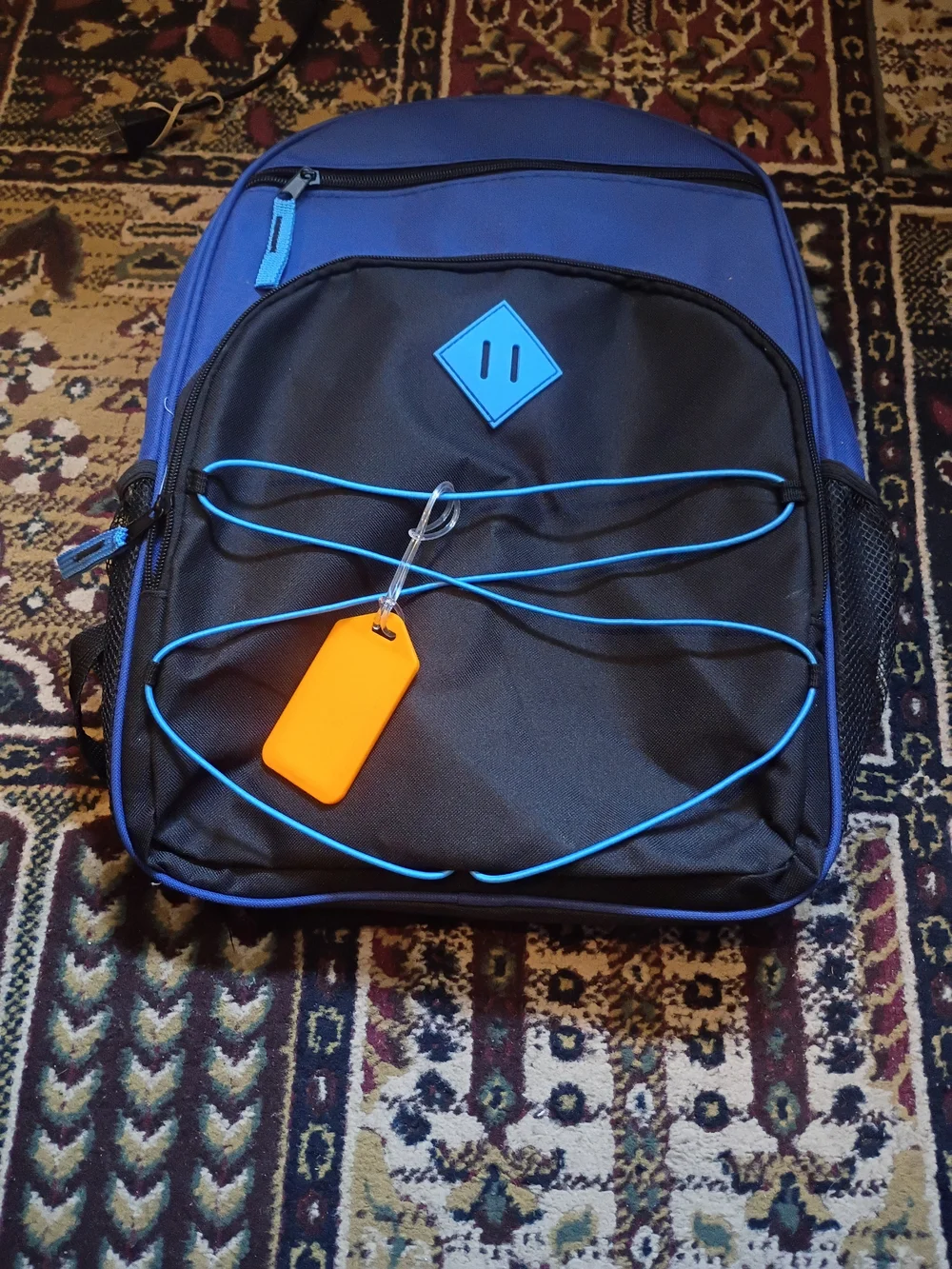 & Other Stories Blue and Black Men's Backpack with Orange Tag